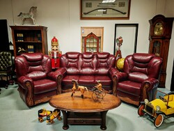 Hibátlan prémium minőségű tölgyfabetétes kanapé + két fotel ágyazható bőr ülőgarnitúra bordó színben