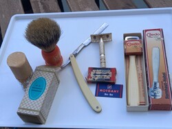 Retro antik borbély kézi borotva retro pengével és egyéb kellékekkel