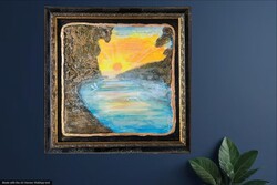 Prima díjas művésztől, Hajnal a folyó felett 47x47 cm -es zománcos vászonkép Károlyfi Zsófia (1952-)