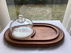 Teakfa és kerámia sajttál üveg búrával