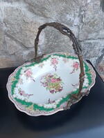 Antikolt Réz Fogantyús Porcelán Kínáló – Virágmintás, Aranyozott Széllel