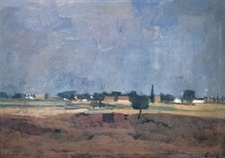 Batári László (1920-1997): Kecskeméti tanya (olaj-vászon) Alföldi táj, 1958, 1950-es évek