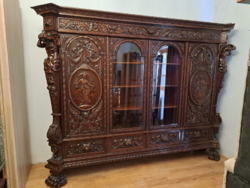 GYÖNYÖRŰ!! Antik 8 db-os szobros dolgozószoba garnitúra íróasztal+szekrény+kanapé+fotel+szalonasztal