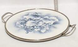 Art deco, kék szőlőmintás, kétfülű majolika kínálótálca (3762)