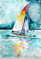 Kovács Anna Brigitta: Sailboat on Balaton -  watercolor painting - Vitorlás a Balatonon