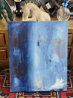 KÉK FEHÉR FANTÁZIA, ABSZTRAKT VIDÁM, MODERN, OLAJ VÁSZON FESTMÉNY 60 X 50 CM