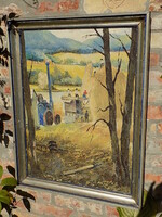 Tihanyi János Lajos: Cséplés. Olaj-vászon eredeti állapotban, 1930-40-es évek.