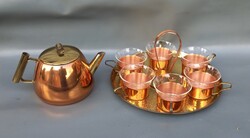RETRO RÉZ ASZTALI TEA KÍNÁLÓ SZETT JÉNAI ÜVEGBETÉTEKKEL