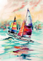 Kovács Anna Brigitta: Sailboats on Balaton -  watercolor painting - Vitorlások a Balatonon