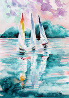 Kovács Anna Brigitta: Sailboats on Balaton II -  watercolor painting - Vitorlások a Balatonon II