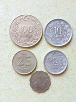 Törökország 5 db Különböző Érme 100 10 5 Líra 25 1 Kurus 1938-2005