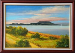 Badacsony panoráma a Balaton felett – Lantos György eredeti olajfestménye, 40x60 cm