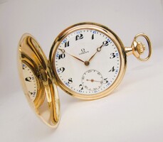 GYÖNYÖRŰ ,ANTIK OMEGA ,14K ARANY,DUPLAFEDELŰ ZSEBÓRA,1910- ÉVEK