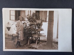 Fiatal nő locsolókannával virágállvány mellett udvarban – kerti jelenet – kb. 1930-as évek