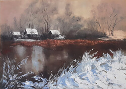 Antyipina Galina: Téli falu, olajfestmény, vászon, festőkés, 50x70cm