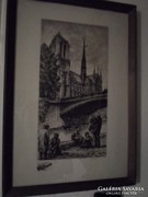 Párizs Notre Dame és Szajnapart metszet - 1970-80 fenyő keretben