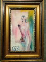 Kádár Béla - Női akt mandolinnal és macskával