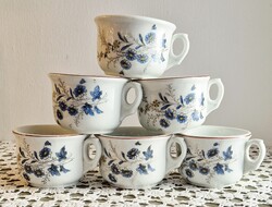 Antik porcelán komabögre készlet, 6 darabos kék virágmintás, vastagfalú népi gyűjteményi darabok