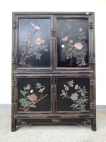 Antik kínai bútor növény madár zsírkő dombor berakásos festett fekete lakk szekrény 601 6555