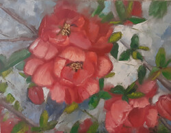 Antyipina Galina: Japán birsalma virágok, olajfestmény, vászon, 50x50cm
