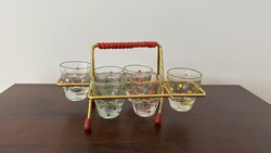 Retro likőrös üveg pohár készlet pohártartóval