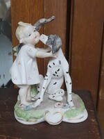 Italy Capodimonte,Morra Tervezte,Kislány Dalmata Kutyával Porcelán Szobor,Életkép.12 cm.