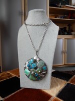 Ezüst nyaklánc nagyméretű medállal, ásványokkal ( Türkiz ) és igazgyönggyel