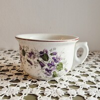 ​Antik porcelán komacsésze ibolya mintával, vastagfalú népi gyűjteményi darab, 7 x 11,5 cm méretben