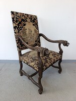 Antik reneszánsz dudás gobelin kárpitopzású dúsan faragott oroszlán karfás karos szék karosszék 4198