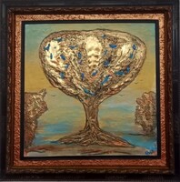 Prima díjas művésztől,Kékmadarak fája aranyozott zománcozott vászon, 47x47cm.  Károlyfi Zsófia(1952)