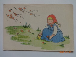 Régi grafikus üdvözlő képeslap (kislány virágot szed) - 1955