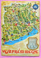 Veszprém megye - térképes retro képeslap , címer, teljes Balaton ábrázolásával  1975