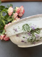 Nagyon régi két fülű, domború liliomos, kézzel festett ibolyás pogácsástál, levesestál, paraszttál﻿