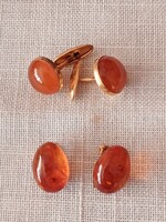 Antik valódi borostyán fülbevaló / klipsz és mandzsetta gomb aranyozott foglalatban