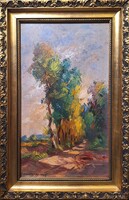 Przudzik József: Akácos út - színes tájkép gyönyörű hibátlan keretben, Balatonföldvár, 1988