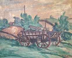 Szobotka Imre (1890-1961): Falurészlet szekérrel