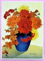 Art deco  Willy Schermele grafikus litho képeslap - dáliák