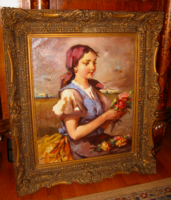 TAVASZI AKCIÓ!  CSODÁS  EREDETI  BENDÉNÉ KOVACSEV FRIDERIKA / 1891-1975/ : KISLÁNY VIRÁGOKKAL