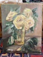 SÁRGA RÓZSA VIRÁGCSENDÉLET, VÁZÁBAN, JELZETT OLAJ, VÁSZON, SZILVÁSY FESTMÉNY 50 X 40 CM