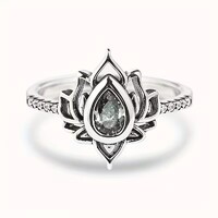 Lótusz Virág Gyűrű Oxidált Ezüst Nemesfém Hipoallergén 5A Cirkónia Kövek + Ékszerdoboz. Új.