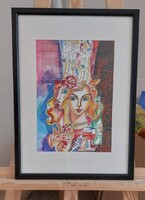 Józsa János akvarellel színezett litográfia vegyes technika 32x44 cm kerettel