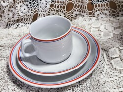 Retró,  Zsolnay, piros és kék csíkos reggeliző, vacsorázó szett,  rakásolható bögrével 15.