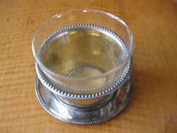 Gyöngyös szélű ezüstözött , aranyozott cukros, kaviáros tálka üveg betéttel