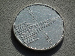 Németország, horogkeresztes ezüst birodalmi 5 Márka (Reichsmark), templomos, dátumos, 1934 J