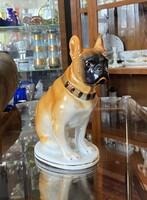 OROSZ LOMONOSZOV PORCELÁN, JELZETT FRANCIA BULLDOG KUTYA SZOBOR 21 CM
