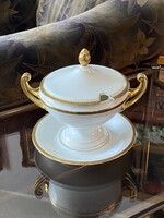 ARANY DÍSZÍTÉSŰ, ELEGÁNS FEHÉR, EPIAG ROYAL, CSEHSZLOVÁK PORCELÁN, EMPÍR STÍLUSÚ FEDELES TÁL 19.5 CM