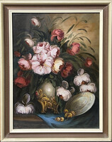 Szegvári Károly: Reprezentatív virágcsendélet (50x70 cm) kerettel, védőüveggel
