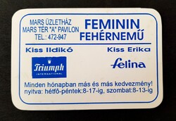 FEMININ Fehérnemű kereskedő Kiss Erika Szeged kártyanaptár 1995