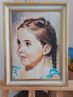 Szignózott bájos kislány festmény 36x46 cm kerettel