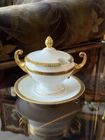 ARANY DÍSZÍTÉSŰ, ELEGÁNS FEHÉR, EPIAG ROYAL, CSEHSZLOVÁK PORCELÁN, EMPÍR STÍLUSÚ FEDELES SZÓSZOS TÁL